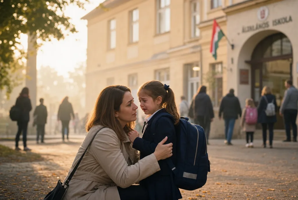 Édesanya átöleli az iskolatáskát cipelő síró kislányát az iskola előtt — szülői aggodalom a nehéz iskolakezdés miatt